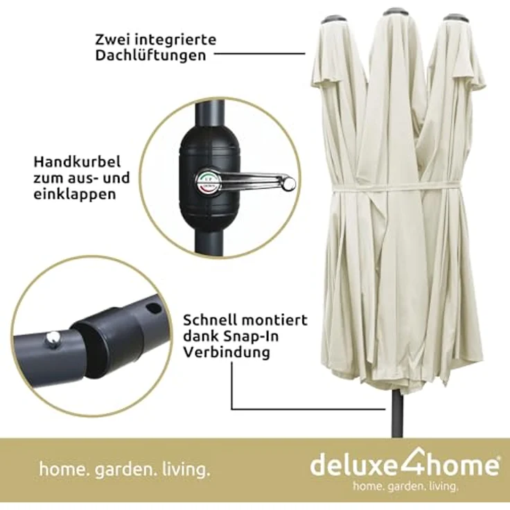 deluxe4home XXL Doppelsonnenschirm 450cm x 260cm, faltbar mit Handkurbel, Creme – Bild 3
