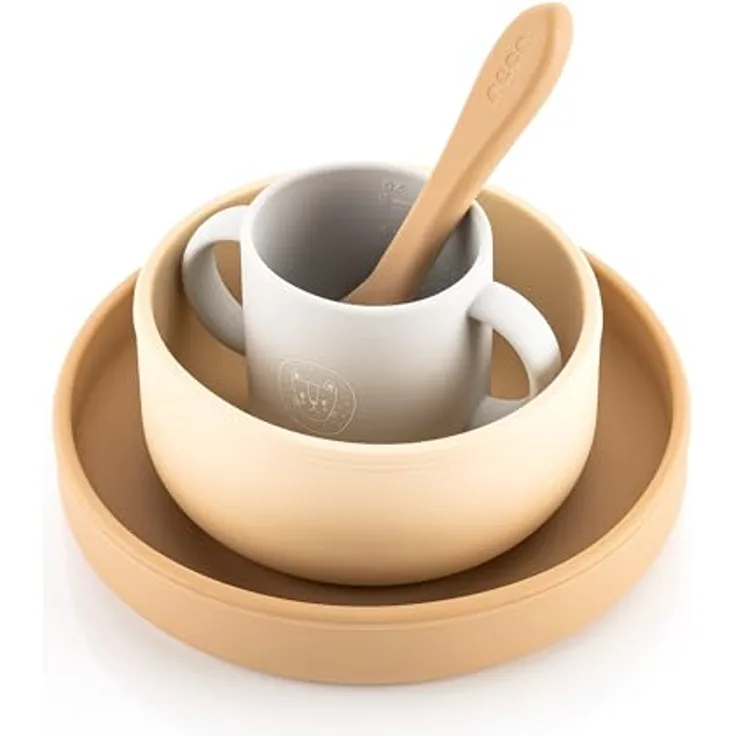Reer 4-tlg. Silikon-Geschirrset, Teller, Schale, Becher, Löffel für warme & kalte Speisen - Löwe - Beige, lebensmittelecht, bruchsicher, spülmaschinengeeignet