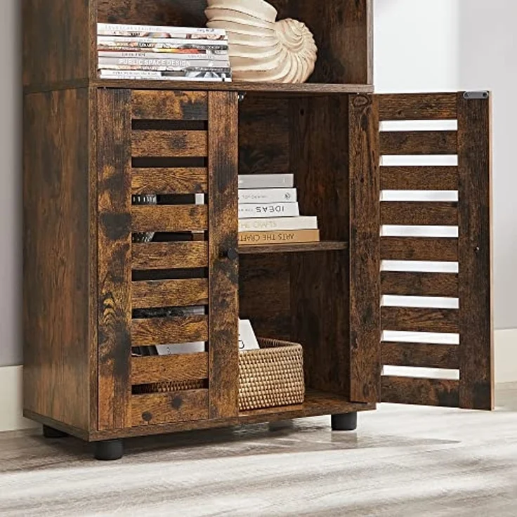 Vasagle Highboard, Bücherschrank mit Lamellentüren, 2 offene Fächer, Holz Braun, 60 x 30 x 125 cm – Bild 7