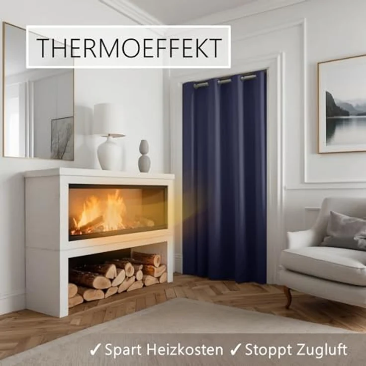 tinycurtains Türvorhang mit Stange silber 55-90 cm ohne Bohren, Thermo Vorhang Tür, Ösen, abdunkelnd, Polyester, blickdicht, dunkelblau Ocean, Türgardine mit Klemmstange, verdunkelnd – Bild 4