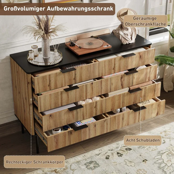 Merax Sideboards, Schränke, Lagerschränke, Kommode, geeignet für Wohnzimmer/Esszimmer/Eingang, 120 x 39,5 x 80cm (B/H/T) Natur und Schwarz – Bild 5