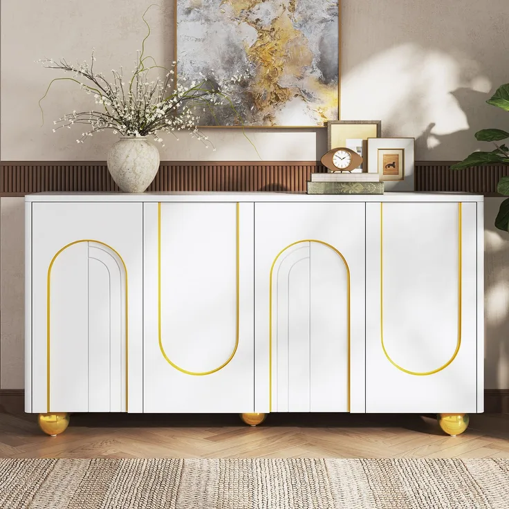 Merax Wohnzimmerschrank, Viertüriges Sideboard, Esszimmer Staurschrank mit Bogen-Goldlinien-Dekor, mit kugelförmigen Metallfüßen, Weiß