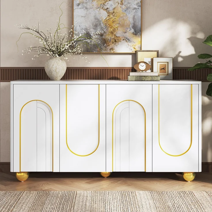 Merax Wohnzimmerschrank, Viertüriges Sideboard, Esszimmer Staurschrank mit Bogen-Goldlinien-Dekor, mit kugelförmigen Metallfüßen, Weiß – Bild 1