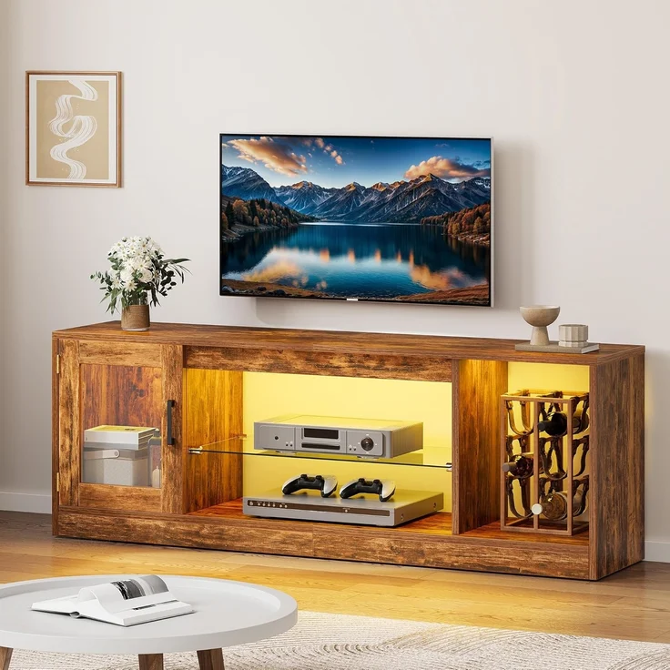 YITAHOME TV-meubel, Retro brandhout, 148 * 32 * 51cm, in hoogte verstelbare glazen Plank, 144cm RGB zevenkleurige lichtstrip, inclusief afstandsbediening met knoopbatterij – Bild 7