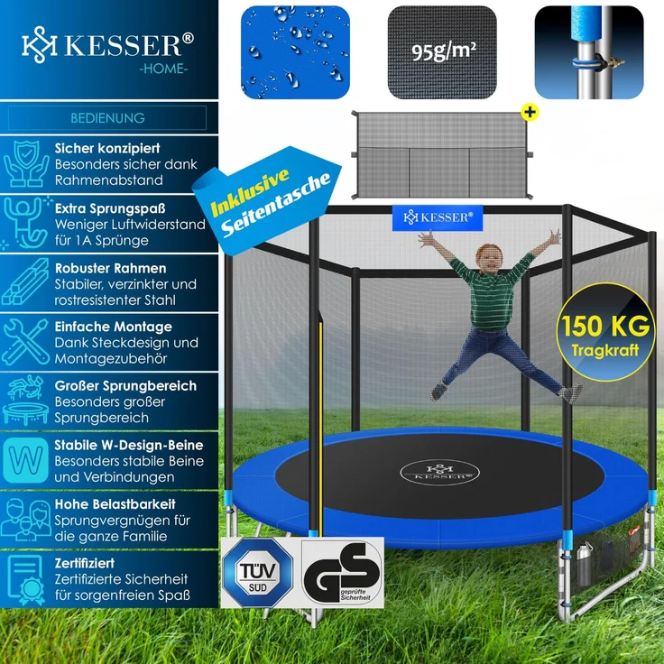 KESSER® - Trampolin | TÜV Rheinland GS Zertifiziert | Komplettset mit Sicherheitsnetz, Leiter, Randabdeckung, Seitentasche & Zubehör | Kindertrampolin Gartentrampolin Belastbarkeit 150 kg Blau, 427 cm – Bild 2