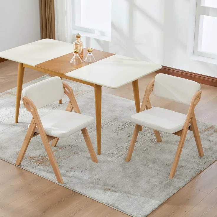 Klappbarer Esszimmerstuhl, H 77 x T 59 x B 52 cm, Buche mit Leinenpolster, Beige, 2er-Set