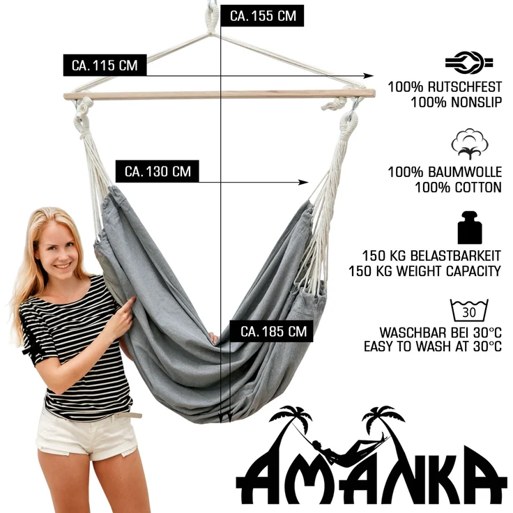 XL Hängesessel Relaxsessel 185x130cm bis 150kg in Grau – Bild 2