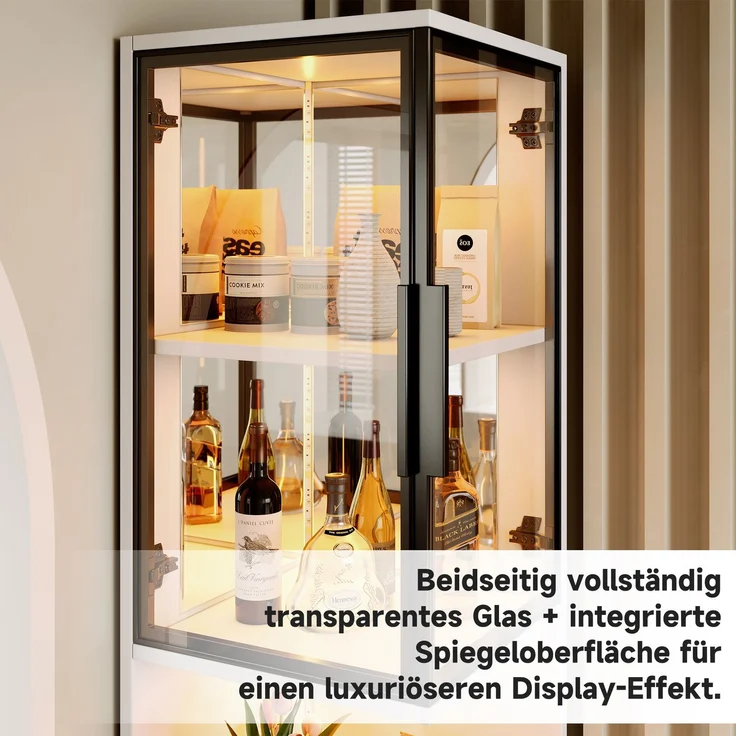 ZUBALIYA 205cm hoher LED-Vitrinenschrank mit doppelten Glastüren und verspiegelter Rückwand, mit farbwechselnder Beleuchtung und Kippschutzvorrichtung–elegant, vollständig transparent–Weinschrank, Bücherregal, Weiß – Bild 4
