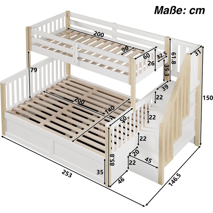 Etagenbett mit 2 Liegeflächen, Stauraum und Rausfallschutz, 90x200cm/140x200cm, Treppe mit Regal, Kinderbett, Jugendbett, Kiefer – Bild 6
