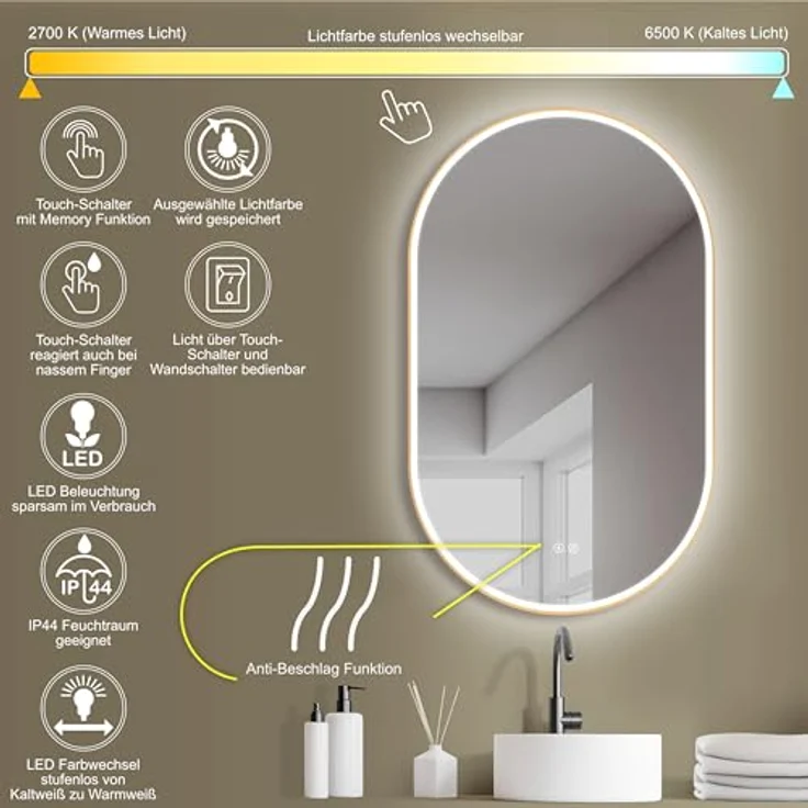 HOKO Badezimmerspiegel LED Oval 50x90 cm London Gold, Anti-Beschlag, energiesparend, Touch-Sensor, Lichtfarbe Wechsel 2700-6500K – Bild 5