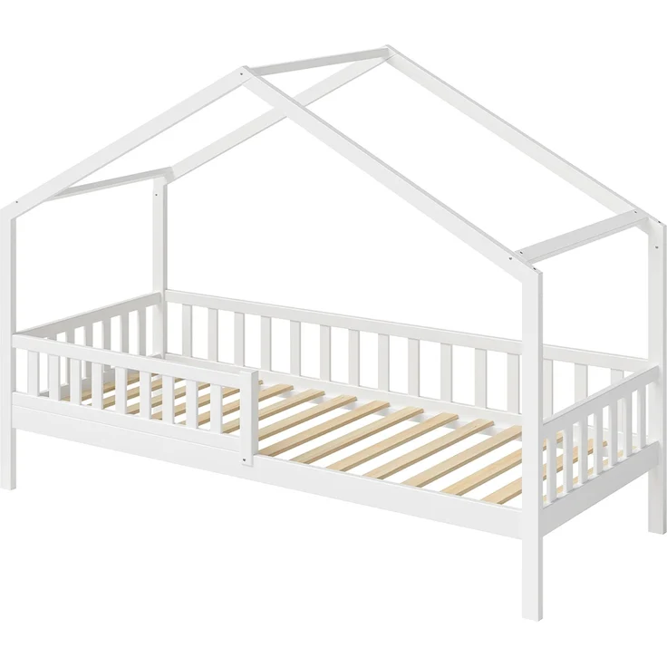 Bellabino 'Vils' Hausbett 90x200 cm, weiß, Kiefer Massivholz, Montessori Kinderbett mit Rausfallschutz und Lattenrost – Bild 2