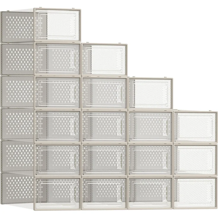 SONGMICS Schuhboxen, Schuh-Organizer aus Kunststoff, faltbar und stapelbar, für Schuhe bis Größe 43, 18er Set, transparent-cappuccinobeige LSP18SW30