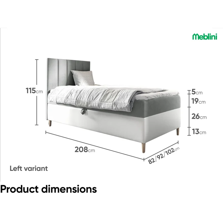 MEBLINI Kinderbett mit Bettkasten MAYA 1 90x200 Links – H3/Grau Samt Gepolstert Einzelbett mit Matratze - Polsterbett mit Stauraum - Bett mit Kopfteil – Stauraumbett – Bild 6