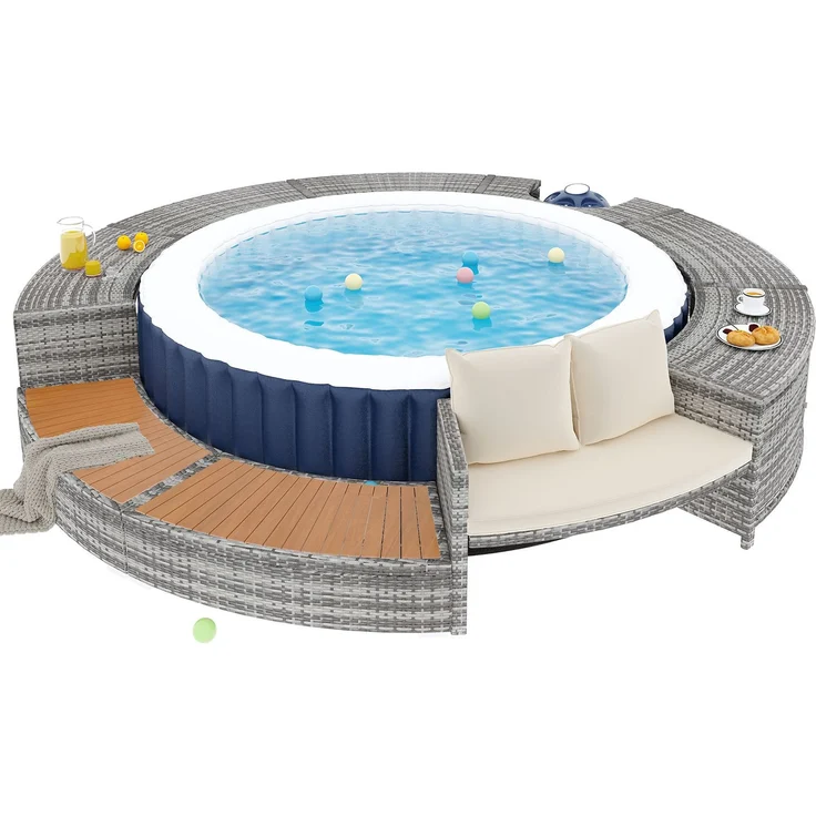 Merax Garten-Lounge-Set mit runder Couch, Gartenmöbel-Set, Poolumrandung, Lounge-Set, für Whirlpool und Pool, mit verstellbaren Füßen, inklusive Kissen, Möbel für Terrasse, Garten oder Poolbereich – Bild 10