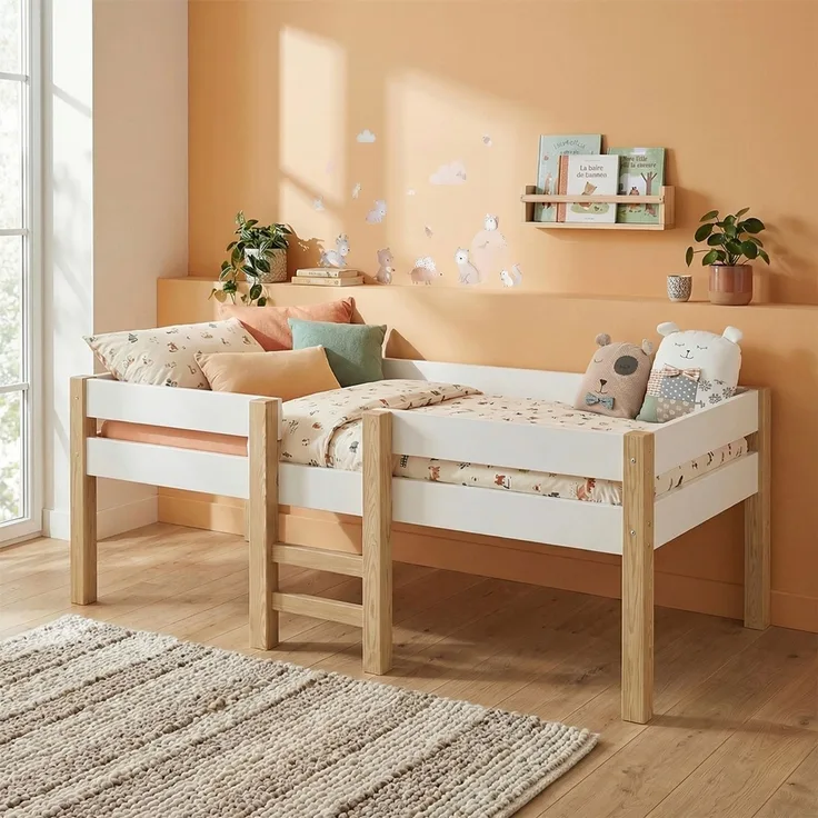 Bellabino 'Aspy' Halbhochbett 90x200 cm mit Leiter, weiß, Kinderbett mit Rausfallschutz und Lattenrost