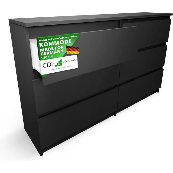 CDF Kommode Malwa M6 120| Farbe: Schwarz | Schrank für Dokumente, Kleinigkeiten | Ideal für Wohnzimmer, Schlafzimmer, Kinderzimmer, Jugendzimmer und Büro | 6 geräumige Schubladen