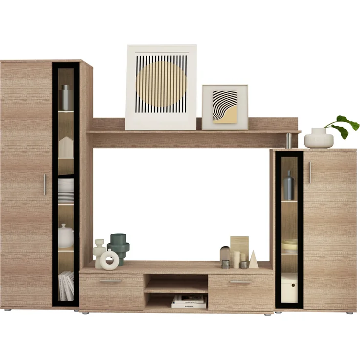 Wohnwand Bentley, mit weißer LED Beleuchtung, Farbe: Country Oak Grey / Country Oak Grey + Schwarz