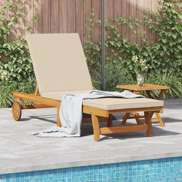 vidaXL Sonnenliege aus massivem Akazienholz, verstellbar mit Rädern und wasserfestem Kissen, beige – Bild 2