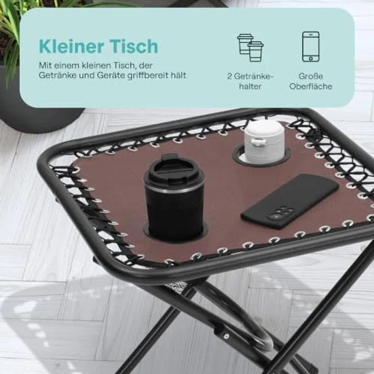 SereneLife Sonnenliege Klappbar 2er Set mit Tisch, Zero Gravity Liegestuhl Garten, bis 120 kg Braun, Verstellbar und Wetterfest, mit Getränkehalter und Kopfkissen, für Balkon Strand Camping – Bild 6