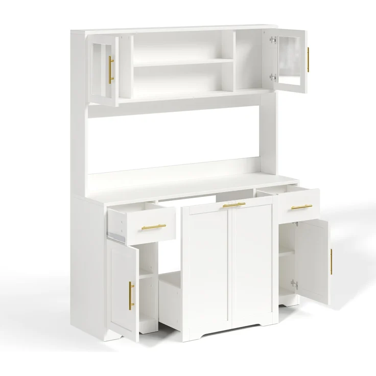 Küchenschrank, hoher Stauraumschrank mit Arbeitsplatte und Schubladen, Doppel-Mülleimerschrank mit ausziehbaren Abfalleimern, Vitrine für Wohnzimmer und Esszimmer, 173 × 140× 40 cm, Weiß--Weiß--140x40x173cm--YOUDENOVA – Bild 9