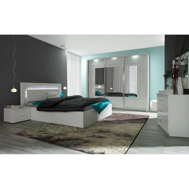Lomadox Schlafzimmer-Set PALINURO-166, (Spar-Set, 5-tlg, Bett Nachttische Schwebetürenschrank Kommode), weiß Hochglanz, Liegefläche 180x200cm, inkl. LED-Beleuchtung