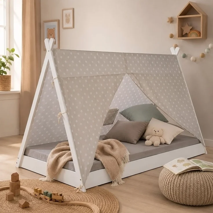 Kinderbett TIPI 90x200 Jugendbett weiß grau Holzbett Kinderzimmer Stoff – Bild 7