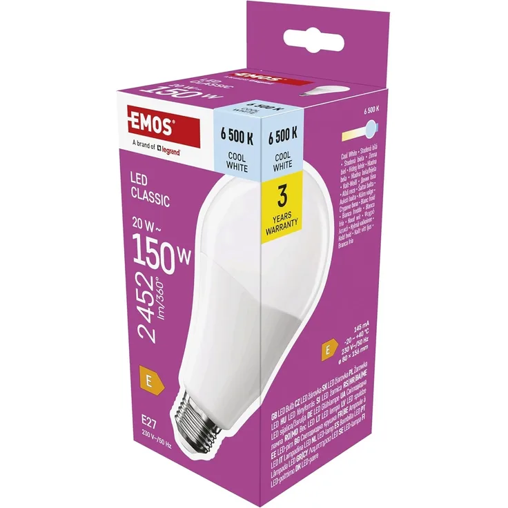 EMOS LED Lampe A80-Birne, 20W Ersatz für 150W Glühbirne, klassiche Birne in größerer Form, E27 Sockel, Helligkeit 2452 lm, Kaltweiß 6500 K, 30000 h Lebensdauer, CRI min. 80, 180° Abstrahlwinkel