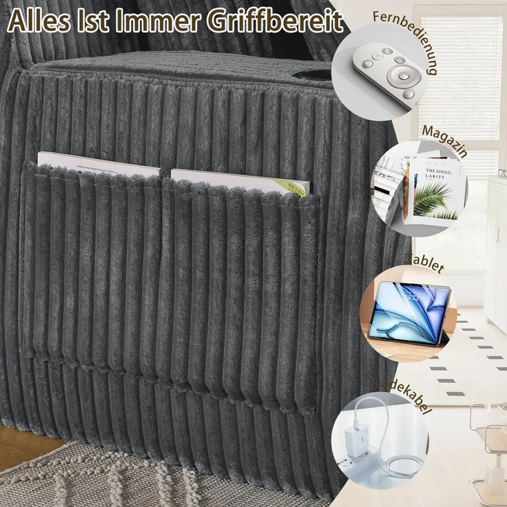 Celya Sofa 2-Sitzer Relax-Schlafsofa, Lounge-Sessel, weich Kordstoff, mit seitlicher Magazintasche, Getränkehalter und Kissen, für Wohnzimmer, Spielzimmer, Arbeitszimmer, Gästezimmer und Wohnung – Bild 4