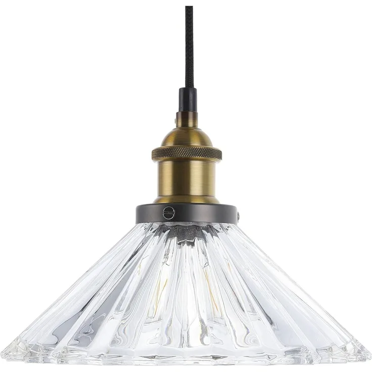 'Colorado' Hängeleuchte Schwarz und Messing Metall mit Schirm aus Glas in Rillen-Optik Trichterform Industrie Design