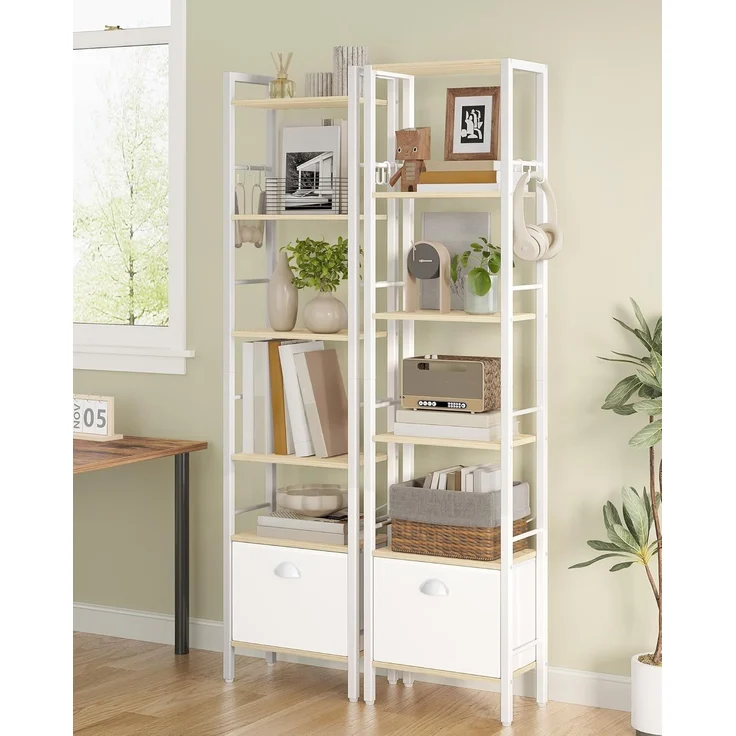 Bücherregal, 6 vertikale Regale mit 1 Zusammenklappbare Stoffschubladenund 4 Haken, offene Regale, Metallrahmen, geeignet für Arbeitszimmer, Wohnzimmer Weißeiche – Bild 4