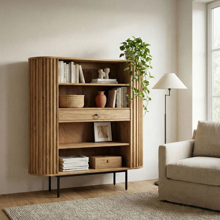 FINEBUY Bücherregal FB60543 Standregal Massivholz 105cm Wohnregal Standregal Stauraumregal, Funktionale Aufbewahrung im zeitlosen Look, Natürliches Möbelstück mit klarer Linienführung – Bild 3