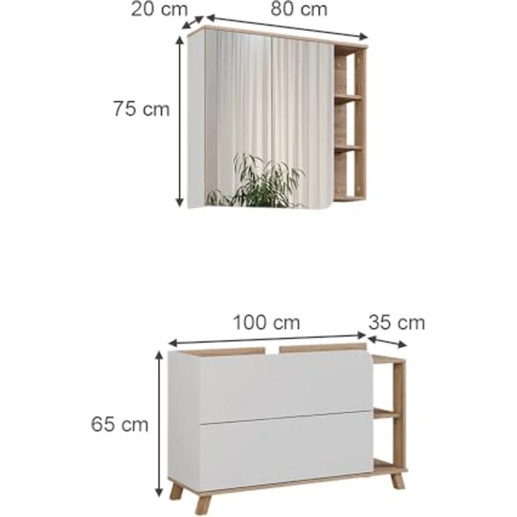 Vichy Badmöbel-Set Karen, 2-teilig, Waschbeckenunterschrank und Spiegelschrank, Sonoma/Weiß, hochwertige Verarbeitung – Bild 2