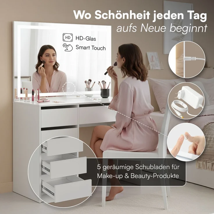Bellamio 'Nore' Schminktisch mit Spiegel, mit 5 Schubladen, beidseitig montierbar, weiß, 75x53x110 cm, LED-Beleuchtung mit mit 3 einstellbaren Lichtfarben – Bild 2