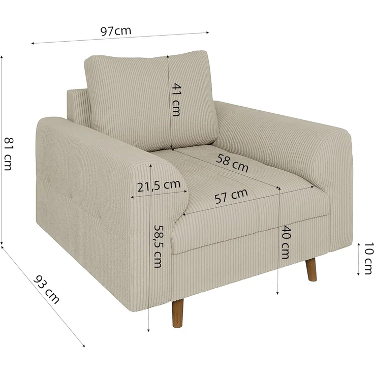 S-Style Möbel Sessel Zara mit Braun Holzfüßen im skandinavischen Stil aus Cord-Stoff, mit Wellenfederung – Bild 3