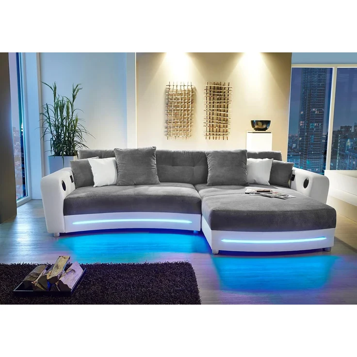 Multimedia-Ecksofa Couch mit RGB-LED Bluetooth Soundsystem USB in Grau / Weiß – Bild 4