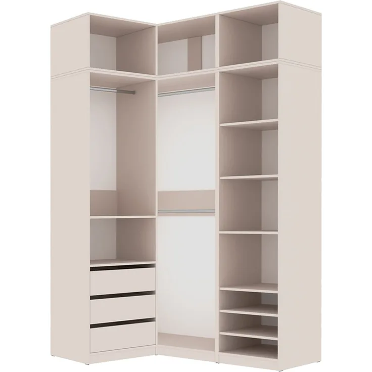 Marmex Möbel Tres Set-J/N Einbauschrank über Eck, Begehbarer Kleiderschrank offen mit Aufsatz, Ankleidezimmer Möbel mit Regalen und Kleiderstangen, laminierte Spanplatte, graubeige cashmere 101/150x246x51 cm