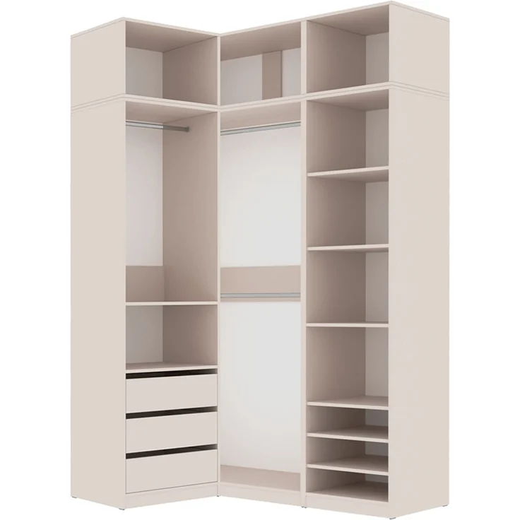 Marmex Möbel Tres Set-J/N Einbauschrank über Eck, Begehbarer Kleiderschrank offen mit Aufsatz, Ankleidezimmer Möbel mit Regalen und Kleiderstangen, laminierte Spanplatte, graubeige cashmere 101/150x246x51 cm – Bild 1
