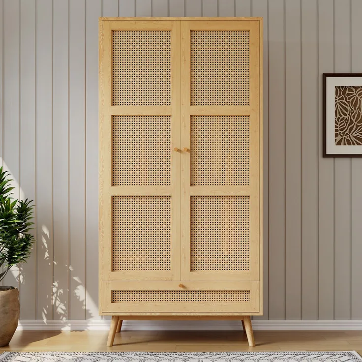 Abrihome Kleiderschrank mit 2 Türen, Rattan-Stange, Schlafzimmer, Beige, 183x145x90 cm