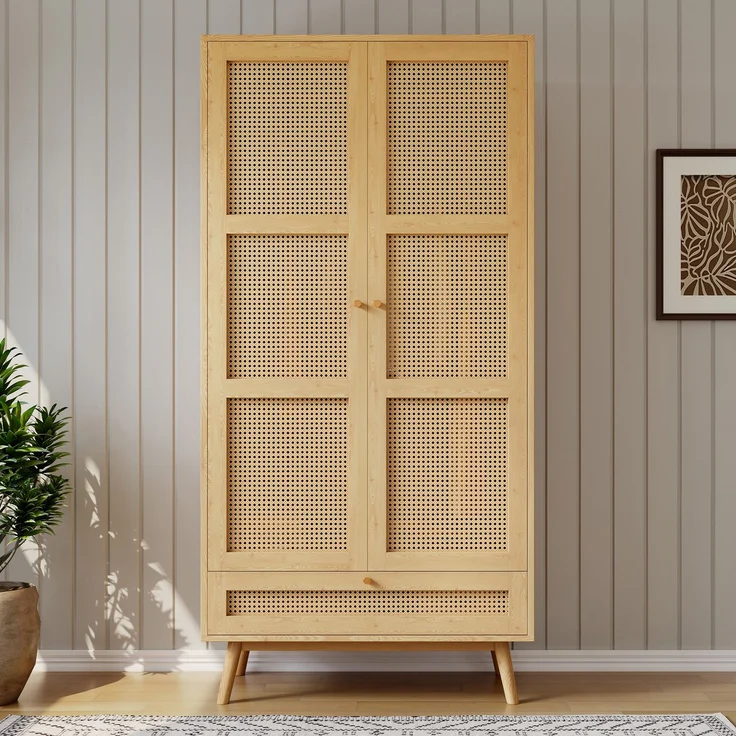 Abrihome Kleiderschrank mit 2 Türen, Rattan-Stange, Schlafzimmer, Beige, 183x145x90 cm – Bild 1