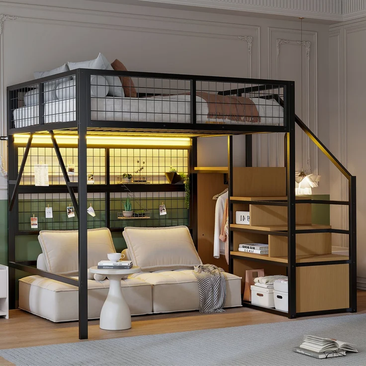 EINHOM Eisenbett, Etagenbett, Hochbett 140 x 200 cm, Geeignet für Kinder und Jugendliche Vielseitiges, Metall-Hochbett mit APP-gesteuerten LED-Lichtleisten Treppe mit Stauraum, Offenem Kleiderschrank Schwarz (Ohne Matratze) – Bild 3