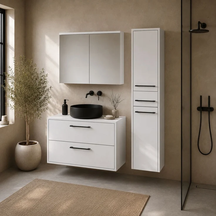 Badplaats Waschtischunterschrank-Set Florence 80 x 46 cm - Matt Weiß - mit Spiegelschrank und Hochschrank – Bild 5
