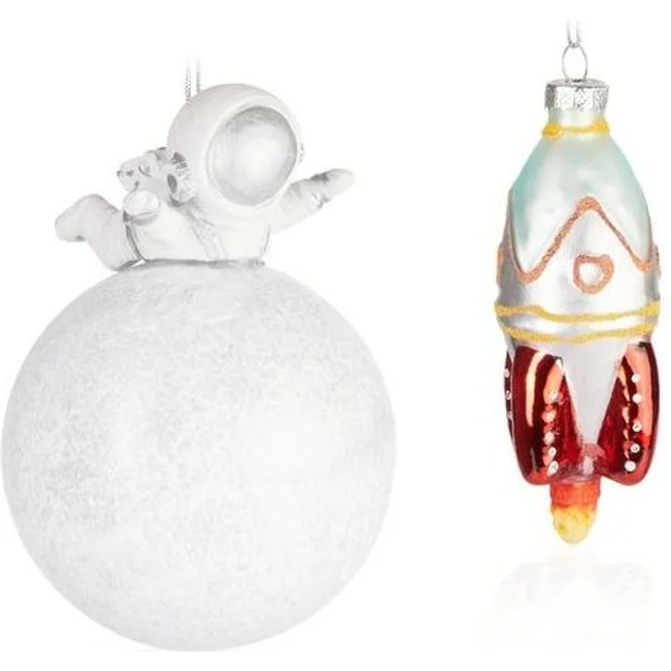 BRUBAKER Weihnachtsbaumkugel Weihnachtskugel Set Weltall Weltraum - Astronaut Mond und Rakete (2 St), Space Christbaumschmuck aus Glas - Baumschmuck – Bild 4