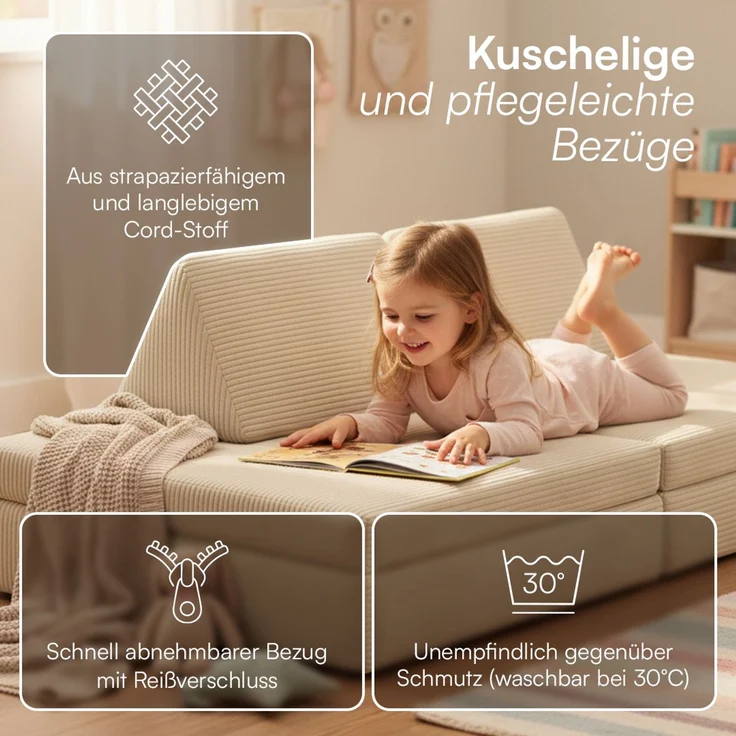 Bellabino 'Nile' Spielsofa, 4-tlg, Cord, beige, faltbare Kindercouch, abnehmbarer & waschbarer Bezug, Kindersofa aus Schaumstoff, Oeko-Tex zertifiziert – Bild 5