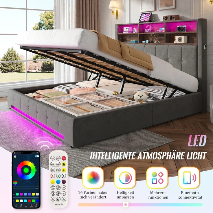 TavilaEcon Polsterbett mit Bettkasten und USB-C-Anschluss grau Liegefläche 180 × 200 cm – Bild 3
