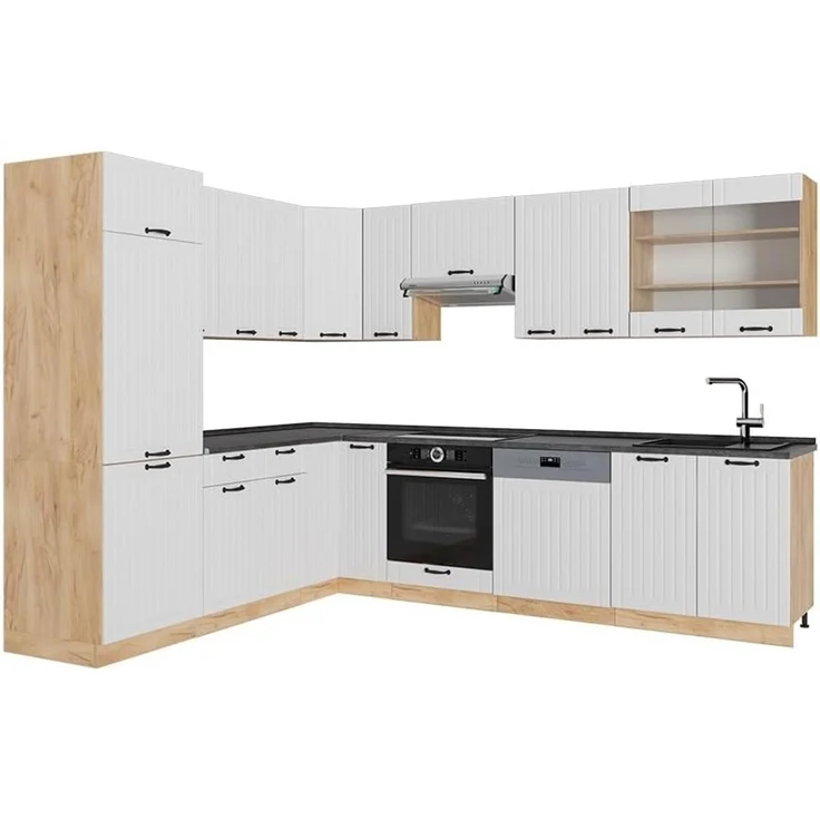 Eckküche Fame-Line Weiß Landhaus/Goldkraft Eiche 287 x 227 cm ohne Arbeitsplatte Vicco – Bild 1