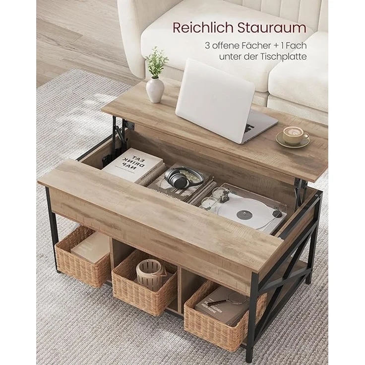 Vasagle höhenverstellbarer Wohnzimmertisch, X-Streben, Spanplatte/Stahl Kamelbraun, 60x100 x (48-62) cm – Bild 5