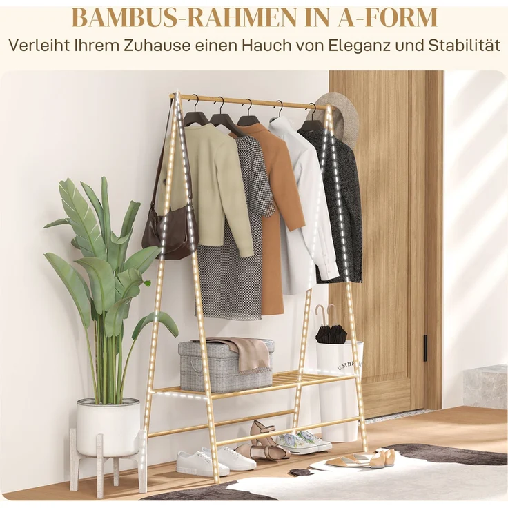 Garderobenständer 116 x 43,5 x 160 cm aus Bambus mit Kleiderstange, Haken und Schuhablage – Bild 6