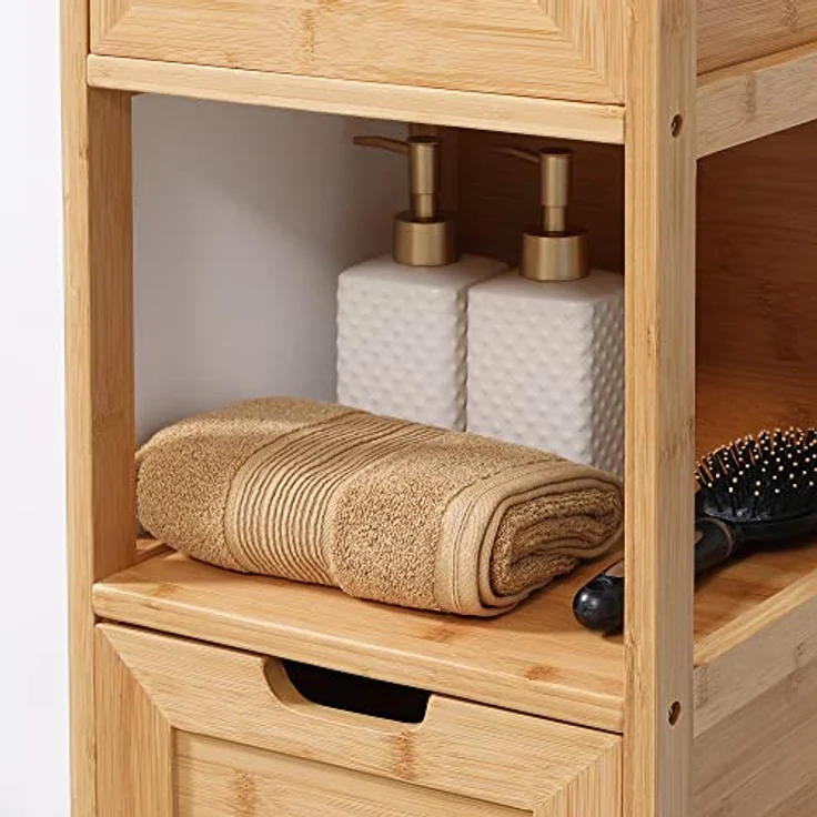 kleankin Badezimmerschrank Badschrank Aufbewahrungsschrank mit Kippschutz aus Bambus, Unterschrank mit 2 Schubladen, Lanfhausstil Beistellschrank, Naturholz, 30 x 30 x 90 cm – Bild 10