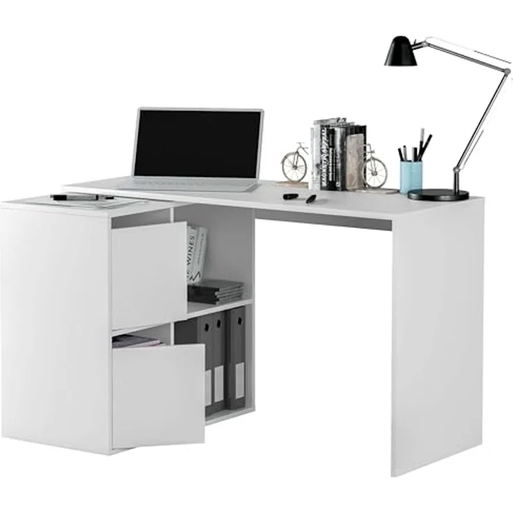 Modularer Schreibtisch mit vier niedrigen Regalen, von denen zwei durch zwei Flügeltüren mit der Möglichkeit der Eckmontage geschlossen werden, Farbe weiß, 152 x 74 x 49 cm. – Bild 7