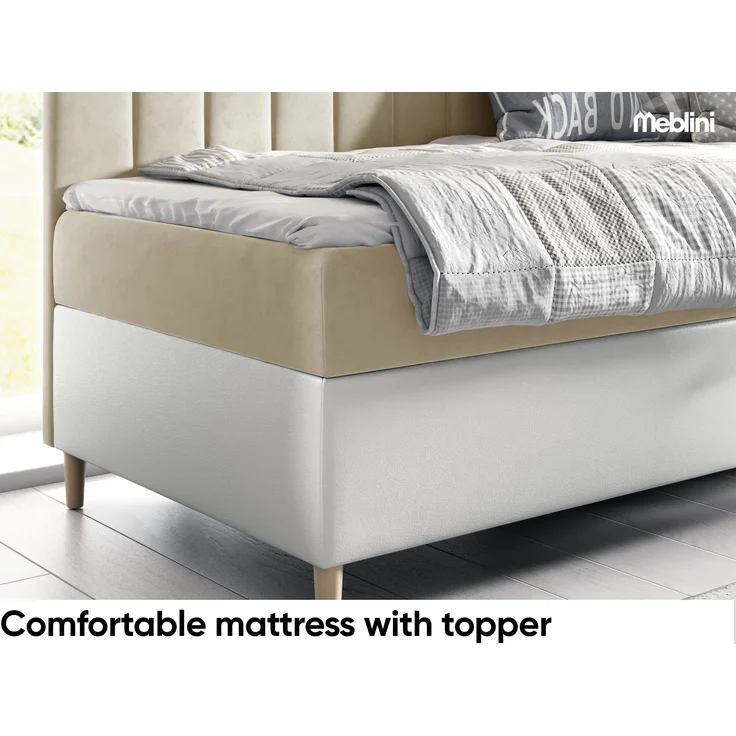 MEBLINI Kinderbett mit Bettkasten MAYA 3 80x200 Rechts - H3/Beige Samt Gepolstert Einzelbett mit Matratze - Polsterbett mit Stauraum - Bett mit Kopfteil – Stauraumbett – Bild 4